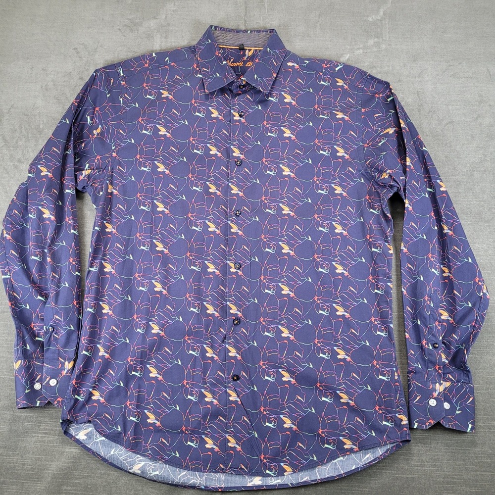Visconti Black Mens Large Floral Button Up Geometric Shirt Blue Long Sleeve L